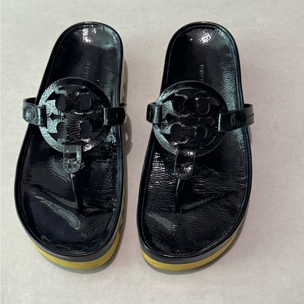 TORY BURCH Miller Cloud Lug Thong Sandals Black Patent Leather / Yellow Size 38